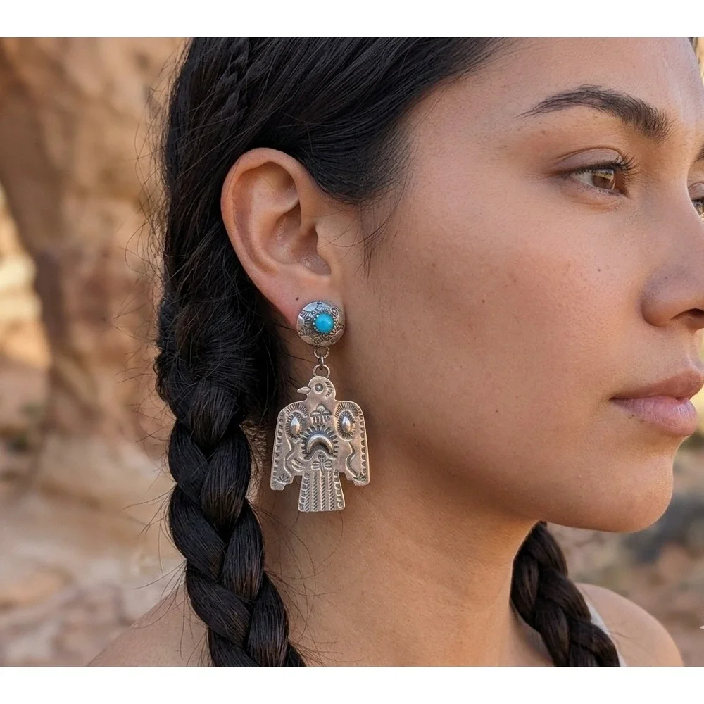Navajo Thunderbird Dangle Earrings Oxidized Sterling Silver Kingman Turquoise** - Picture 3 of 7